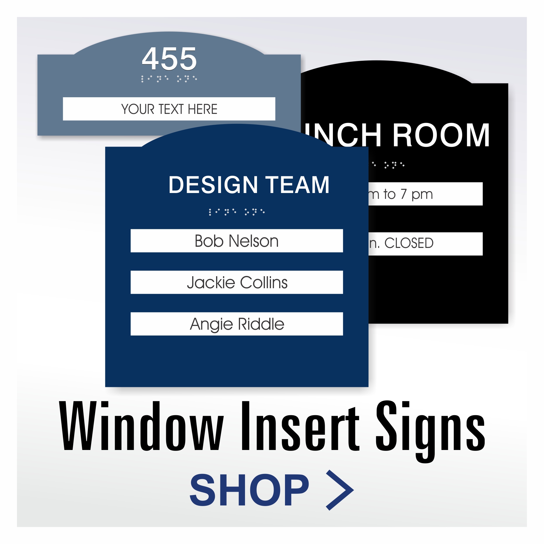 Crown ADA window insert signs with matching architectural crown styling